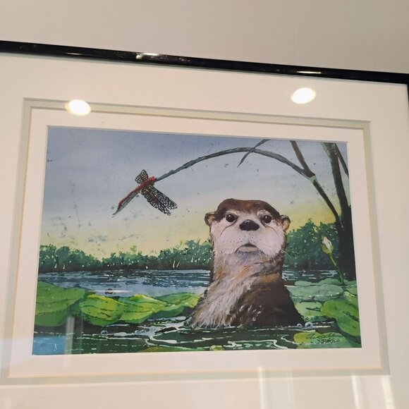 Beth Erlund Johnson Otter Art Print Signed Numbered Pond Scene w/Dragonfly - Picture 5 of 13
